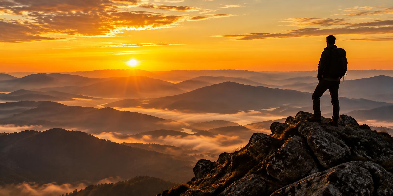 Uomo sulla vetta all'alba