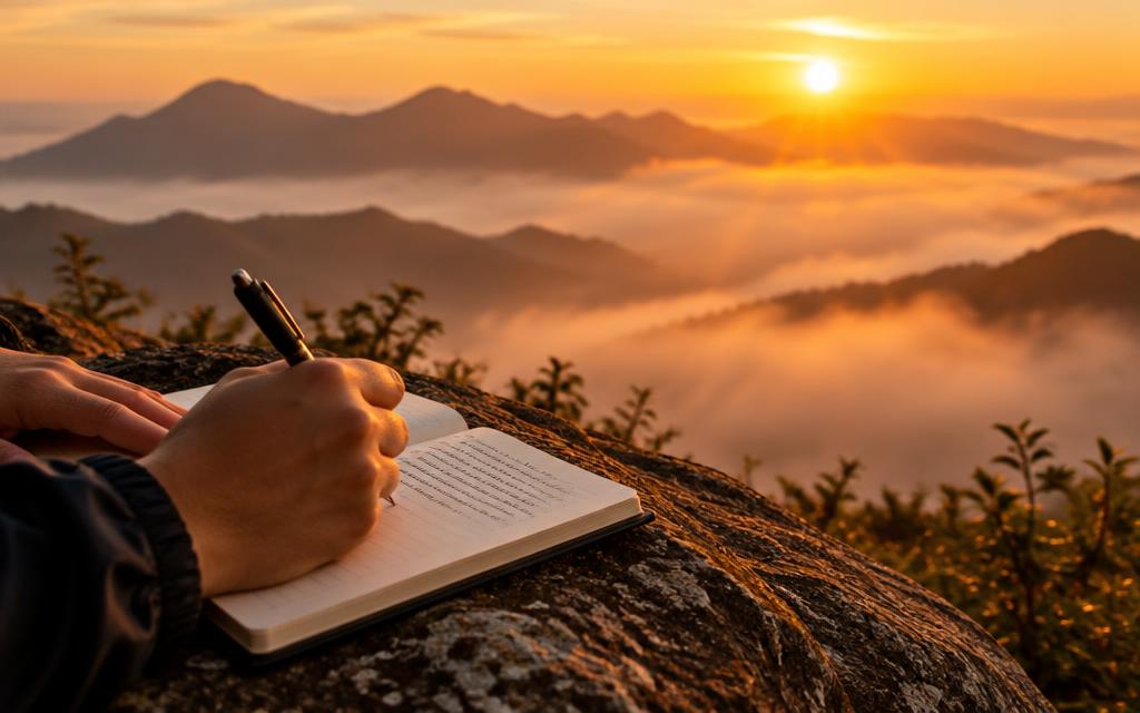 Mani che scrivono su un quaderno in montagna